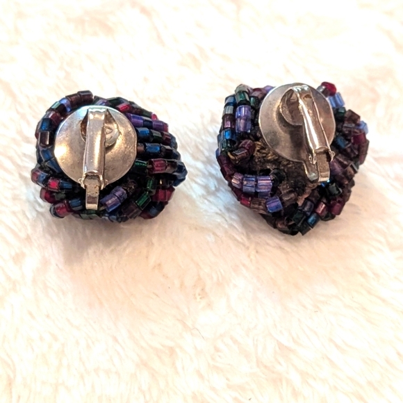 Vintage Multicolor (Blue, Red, Purple) Beaded Button Clip Earrings - Picture 2 of 5